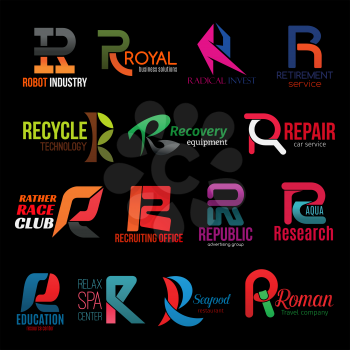 R icons, business corporate identity and technology or service company symbols. Robot industry, banking commercial invest group or car repair and sport race club or SPA relax salon, vector R letters
