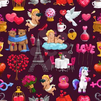 Love and passion holiday attributes, Valentines day seamless pattern. Vector Eiffel Tower, cupids and couple of bears, unicorn and flower bouquets. Table served on two, golden cage with locked heart