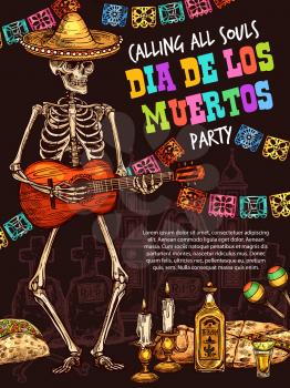 Mexican Dia de los Muertos holiday skeleton skull in sombrero hat playing guitar. Day of the Dead or Halloween party with maracas, tequila and taco, enchilada, sweet bun and candle vector sketches