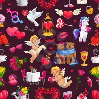 Wedding ceremony, marriage day symbols on seamless pattern. Vector lovely couple of bears, served dining table, dove with Valentines greetings and cupids. Love and hearts, flower bouquets, unicorn