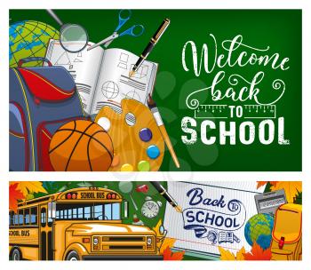 Welcome back to school lettering by pen in exercise book. Vector stationery items, transportation bus and studying supplies. Rucksack and magnifier, paintings and brush, globe and autumn leaves
