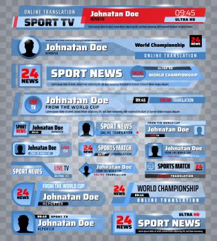 TV news lower third banners and bars 3d vector design. Broadcast video of sport and live show, breaking and fake news streaming translation title templates with names of channel and reporter