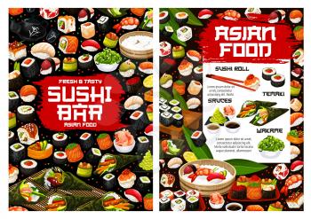 Japanese cuisine sushi rolls vector menu of sushi bar and seafood restaurant design. Fish and rice nigiri, salmon, shrimp and seaweed temaki, tuna, avocado and ikura, maki, gunkan and hosomaki