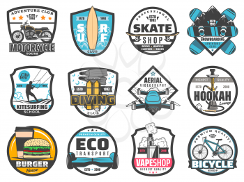 Leisure activity vector badges of sport, travel and adventure, entertainment and hobby. Motorcycle, bicycle or gyro board clubs, surfing, skating, snowboarding and diving, fast food, hookah, vape shop