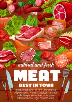 Meat and sausages with green salad leaves and herbs vector design. Beef steaks, pork ham and salami, bacon, lamb and barbecue burger, grill frankfurter and wurst, lettuce, garlic on wooden background