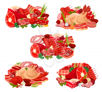 Meat and sausage with spice and herb icons of beef, pork and chicken meat food vector design. Steaks, salami, ham and bacon, lamb ribs and turkey, barbecue burger and frankfurters, parsley and pepper