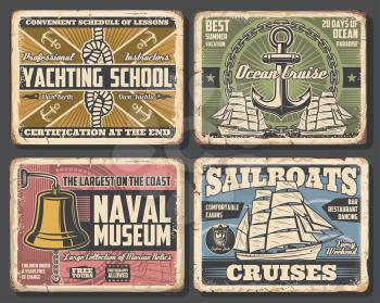 Nautical vector design of anchors, chains and ocean ship rope, sailboat, compass and marine sailor knot, sea captain cap and bell. Rusty metal signboards of yachting school, naval museum, ocean cruise