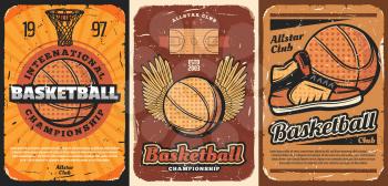 Basketball sport vector design of halftone orange balls, court, basket and hoop, team player sneakers and wings. Championship cup match or sporting club promo posters