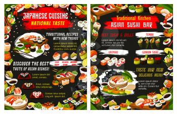 Japanese sushi bar menu with rice, fish and seafood vector design of Asian restaurant. Salmon and tuna rolls, shrimp seaweed temaki and avocado uramaki, prawn and crab nigiri, chopsticks and sauces