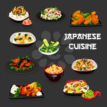 Japanese cuisine vegetable dishes with meat and fish vector design. Rice with salmon and mushroom, egg noodles, pork potato, beef and pumpkin stews, cabbage and cucumber salads, eggplant in miso sauce