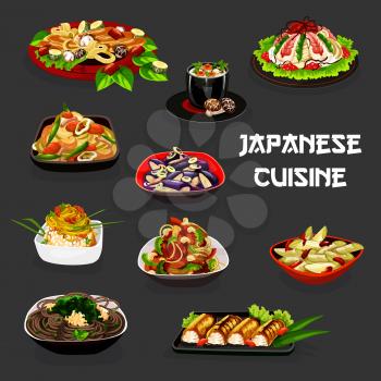 Japanese cuisine soba and udon noodles with mushroom, vegetables and beans, seaweed and caviar vector design. Shrimp sushi, baked fish and cream soup, onion and eggplant salads with marinated plums