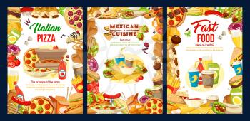 Fast food restaurant menu with vector frame of hamburger, pizza and fries, chicken nuggets, hot dog and soda, coffee, donut and tacos, ice cream, popcorn. American, Mexican and Italian cuisine design