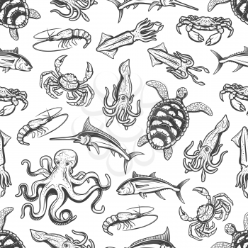 Marine animals and fish seamless pattern. Vector octopus and crab, squid and shrimp, sea turtle and fish. Underwater wildlife creatures, monochrome prawn and pike, ocean mackerel and trout