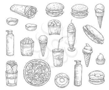 Fast food monochrome sketch icons. Vector snacks and desserts, drinks and pizza, french fries, coke or soda, hamburger or cheeseburger. Hot dog and ice cream cone, donut