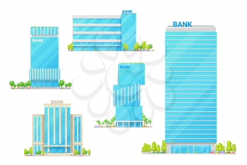 Bank building icons, modern financial establishment. Vector facade of banking institution, government finance or investment department. Exterior of public structure with parking zone, tree and cars