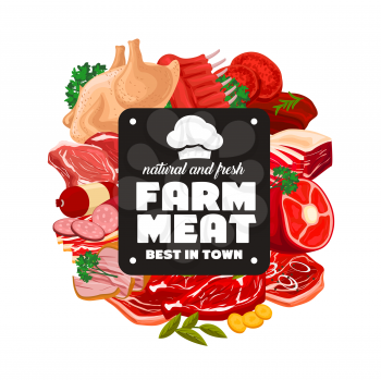 Butcher shop farm meat and natural sausages products. Vector butchery meat and poultry gastronomy for gourmet cooking, turkey or chicken, salami sausage, beef steak and pork ham or mutton ribs
