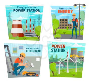 Energy production power station, electricity generation and electrician profession. Vector alternative energy windmills, nuclear or hydroelectric power plant and electrician service repair tools