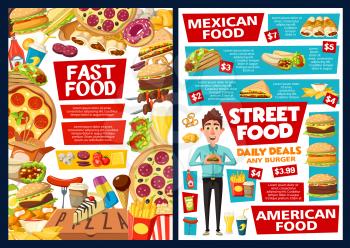 Fast food restaurant burgers, hot dogs and Mexican cuisine price menu. Vector fastfood combo meals menu of cheeseburger, tacos and burrito with ketchup, kebab and soda, donut dessert and coffee