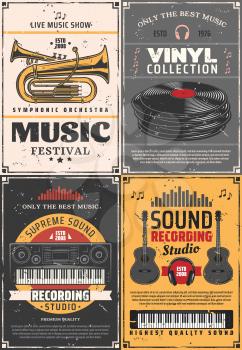 Music and sound recording studio, vinyl records shop and music festival vintage retro posters. Vector music band instruments, DJ headphones and jazz trumpet, synthesizer piano and electric guitars