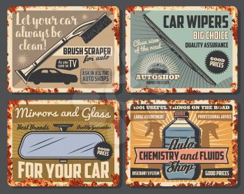 Car accessories, vehicle spare parts and auto fluids shop rusty vintage posters. Vector windshield winter scraper, wiper blade and rear-view mirror, engine coolant and chemistry liquids on rust plates
