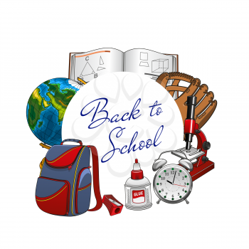 Back to school lettering, students supplies in round frame. Vector textbook on geometry, baseball glove on PT sport lessons, microscope and clock. Globe sphere and backpack, pencil sharpener