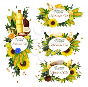 Natural cooking oil, isolated frames. Vector extra virgin olive oil in bottle, corn and coconut, sunflower, peanut, linseed flax. Jars with organic hazelnut, rapeseed dressing, vegetarian food