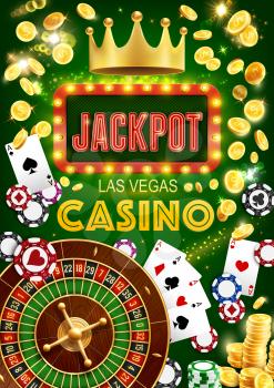 Casino gambling games, vector. Roulette wheel of fortune, poker playing cards and dices. Golden crown, suits and money, coin stacks , slots and chips to make stakes