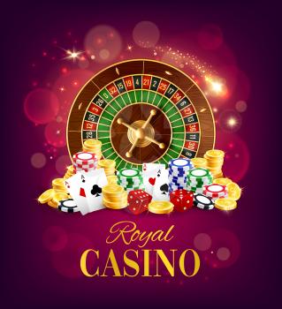 Royal casino, wheel of fortune and gambling dices, poker playing cards on blurred purple. Vector gamble game, golden coins and bets, token chips. Roulette and blackjack chips