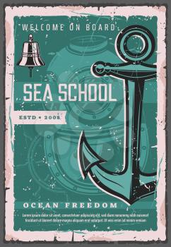 Sea school, diving aqualung and ship anchor. Vector scuba diving trainings, instructor and nautical seafarer sailing. Maritime travel advertisement and water orientation activity