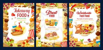 Fastfood, frames of takeaway street food. Vector burger and pizza, cheeseburger or hamburger and hot dog, sandwiches and nuggets, fries and chicken wings, ice cream, coffee or soda drinks