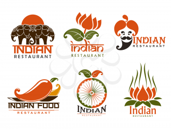 Indian restaurant isolated symbols and icons. Vector three elephants at sunset, lotus flower and man in turban with beard. Chilli pepper and buddhism spiritual meditation, wheel and national cuisine symbols
