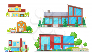 Cottages and real estate house isolated buildings. Vector homes, facades exterior design with trees. Garage with car, stairs and street lamps. Windows and entrance door, modern architecture