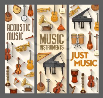 Acoustic music, folk, jazz and orchestra musical instruments. Vector contrabass and harp, piano and violin, maracas and saxophone. Ethnic drums and cymbals, trumpet and harp, banjo guitar, flute pipe