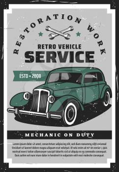 Retro vehicle service, restoration works. Vector rare transport restoring, crossed spanners and green vintage car, mechanic on duty. Spare parts replacement, wheel wrench and transport diagnostic