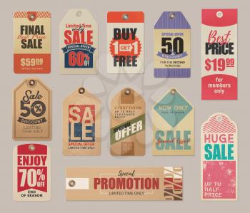 Final sale labels, limited time special offer, best price retro cards. Vector fifty percent discounts, up to half clearance price, final season sale. End of season 70 percent off, promotion adverts