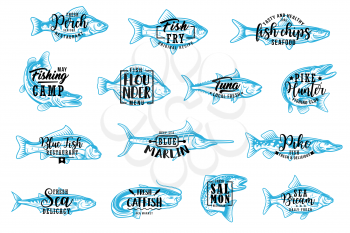 Fish silhouette isolated icons with lettering. Vector seafood and fishing club, perch and fry fish chips, flounder and tuna. Pike, marlin, catfish and salmon, bream