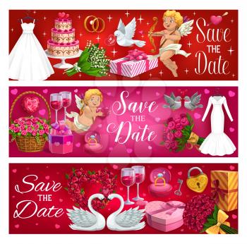 Save the date, wedding dress and cake, flower bouquets and engagement rings. Vector couple of swans, flying dove and wine glasses. Heart shape gift boxes, cupid and padlock with key, may-lilies