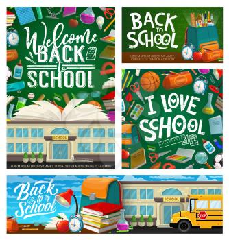 Welcome back to school, building, bus and stationery. Vector stacks of books, backpack and green chalkboard. Lamp and flasks, pencil case and apple snack, glasses and sharpener, open textbook