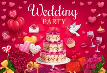 Wedding party, multi-layer cake and marriage attributes. Vector flower bouquets, wine glasses and envelope with hearts. Broken heart and engagement ring with diamond, burning candle and dove