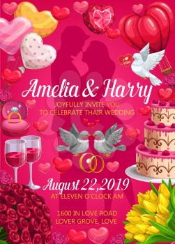 Invitation on wedding party, bride and groom names, save the date. Vector man and woman silhouettes, frame of love symbols. Welcome on engagement, couple of doves, flower bouquets, cake and hearts