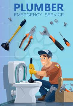 Plumber and emergency plumbing repair service, worker with work tools. Vector plumber man cleaning toilet with plunger, wrench and tools box, home sewage pipeline maintenance