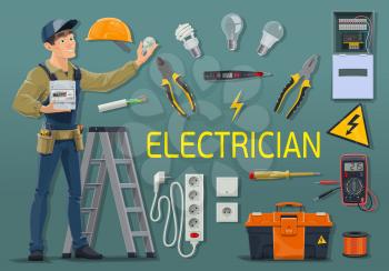 Electrician with electrical tools and equipment, power industry profession vector design. Electric engineer or wireman in uniform with electricity meter and tester, energy wire, light bulbs and cable