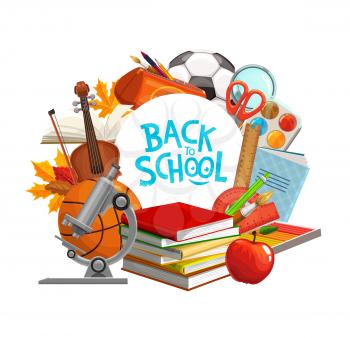 Back to school education supplies and student classes books. Vector back to school banner with study items, watercolors, pen, pencil and biology microscope, apple and magnifier, music violin and leaf