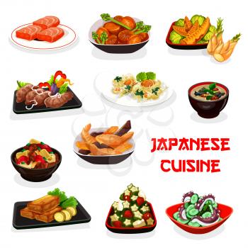 Japanese cuisine vector design of Asian meat and seafood dishes. Fish soup, chicken bamboo and radish pork stews, deep fried marlin and shrimp, cucumber octopus and okra tuna salads