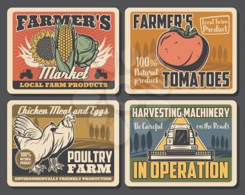 Vegetable, animal, poultry and crop farm retro posters of agriculture, farming and harvesting machinery vector design. Tractor, wheat field and rooster, chicken, corn and sunflower, tomato and cabbage