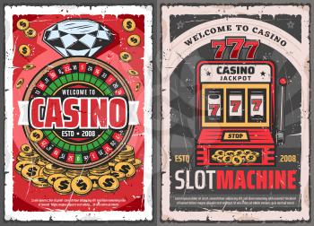 Casino gambling game retro posters with vector roulette wheel, chips and golden coins, slot machine with winner combination of lucky 777, diamond and gold. Online casino and game of chance themes