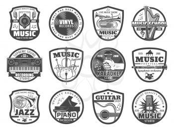 Musical instrument and equipment badges of music shop and sound recording studio vector design. Guitar, piano and microphone, vinyl records, trumpet and harp, tuba, flute, synthesizer and loudspeaker