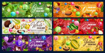 Color diet food, vitamins in rainbow colored fruits, vegetables and nuts, herbs, spices and berries, cereals, mushroom vector design. Red, green, orange, white, yellow and purple food health benefits
