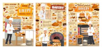 Bakery shop bread, sweet baked dessert cakes and pastry cookies. Vector baker man in chef hat baking bread, patisserie pancakes and pizza in oven, croissants and wheat bagel buns and donuts