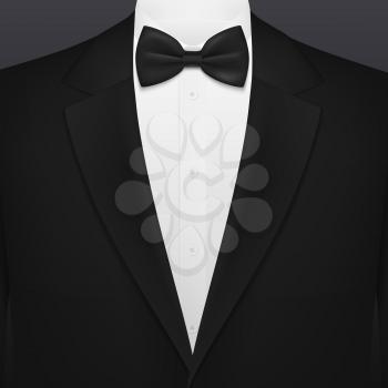 Men black smoking suit with necktie blank background template. Vector VIP party, wedding or fashion and corporate event tuxedo with black bow and white shirt, businessman or gentleman premium club